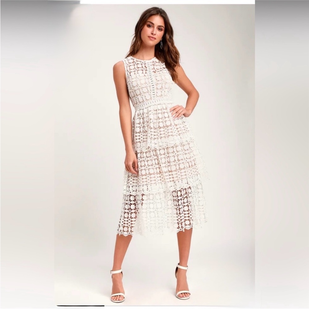 Lulu's White Crochet Midi Dress